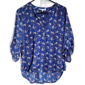 Anthropologie Daniel Rainn Blue Printed V Neck 3/4 Button Tab HiLow Hem Blouse M